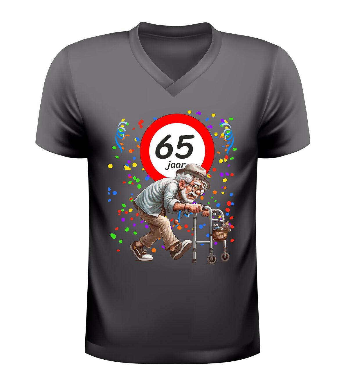 Heren v-hals shirt 65 jaar grappig verjaardag shirt met rollator feestelijk cadeau