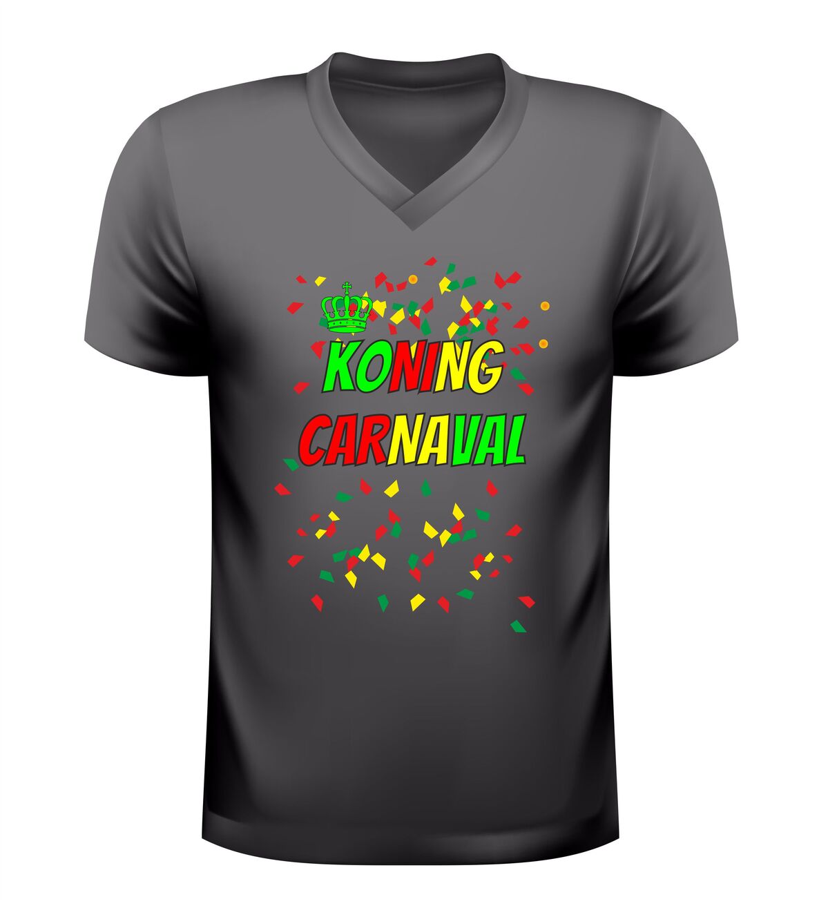 Heren v-hals t-shirt koning carnaval rood groen geel confetti carnaval shirt