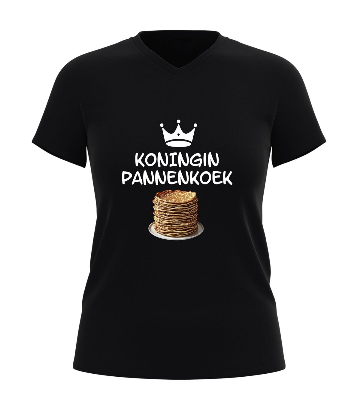 Koningin pannenkoek v hals t-shirt humor shirt met pannenkoeken stapel print