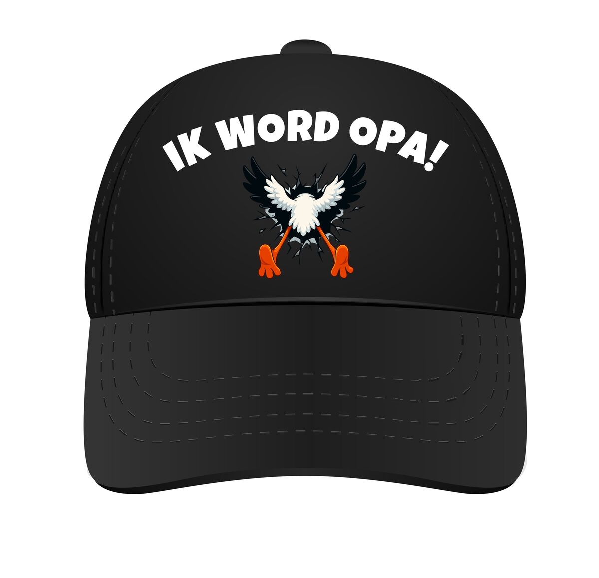 Pet ik word opa! ooievaar die in de pet vliegt