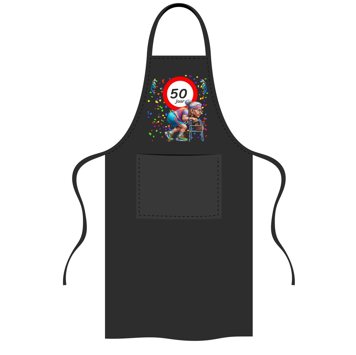 Schort 50 jaar voor een vrouw grappig keukenschort met oude dame en rollator afbeelding