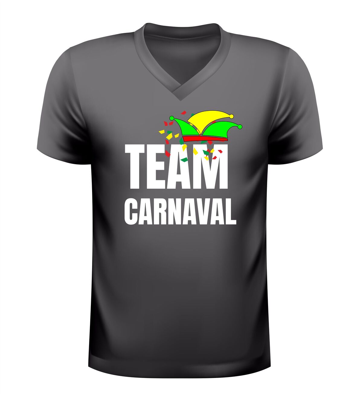V-hals carnaval shirt met tekst team carnaval en confetti