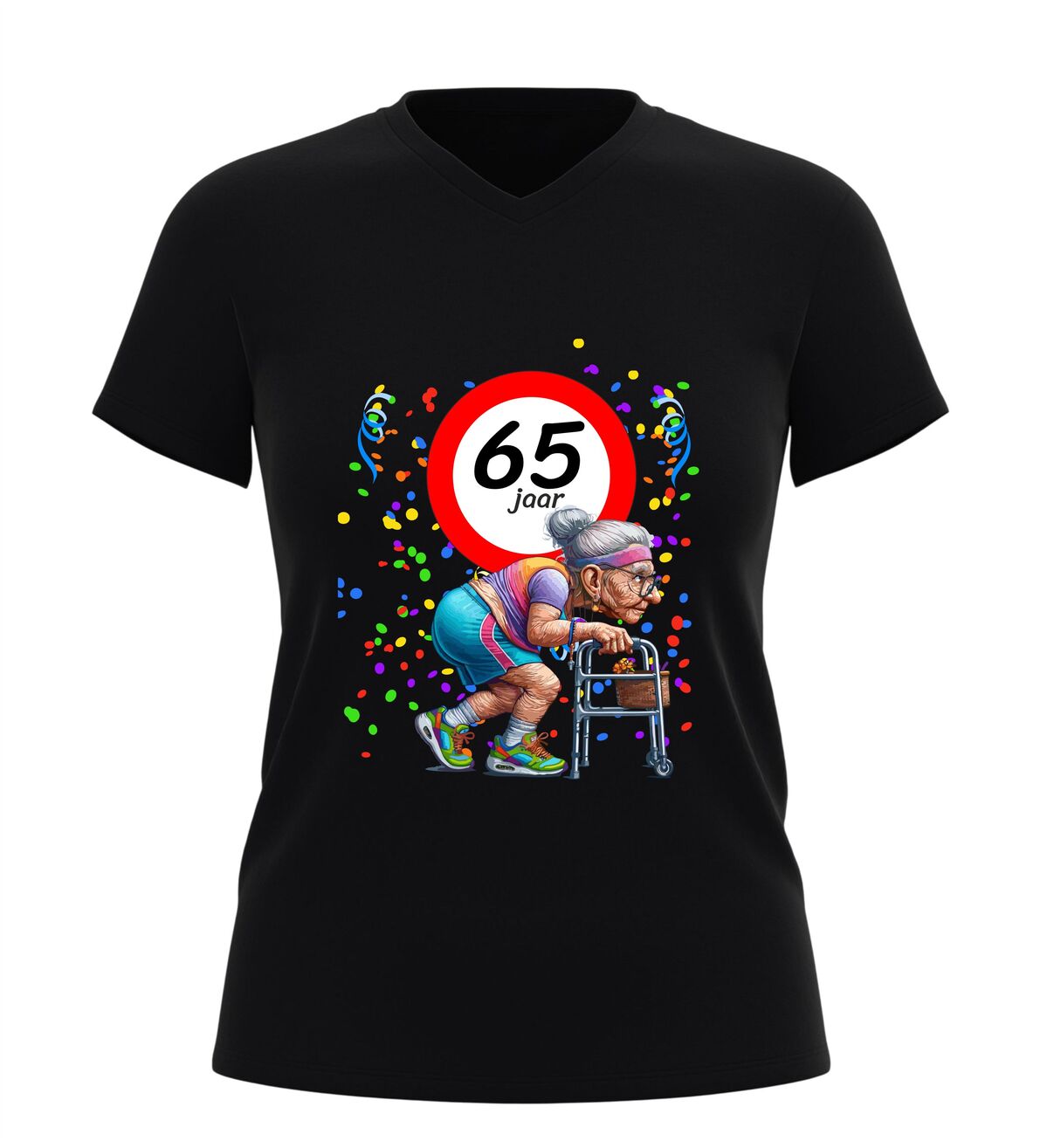 V-hals shirt 65 jaar grappig Verjaardag shirt met oude dame en rollator  feestelijk Cadeau