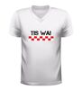 foto 6 V-hals shirt dames en heren brabantse tekst tis wa met rood-witte blokken