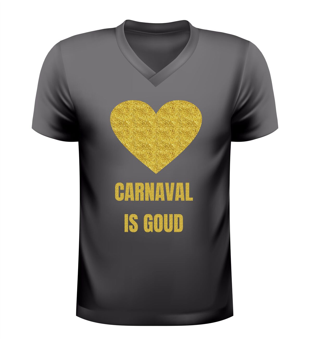 V hals shirt dames en heren carnaval Is goud  gouden glitter opdruk met hart carnaval shirt feestkleding