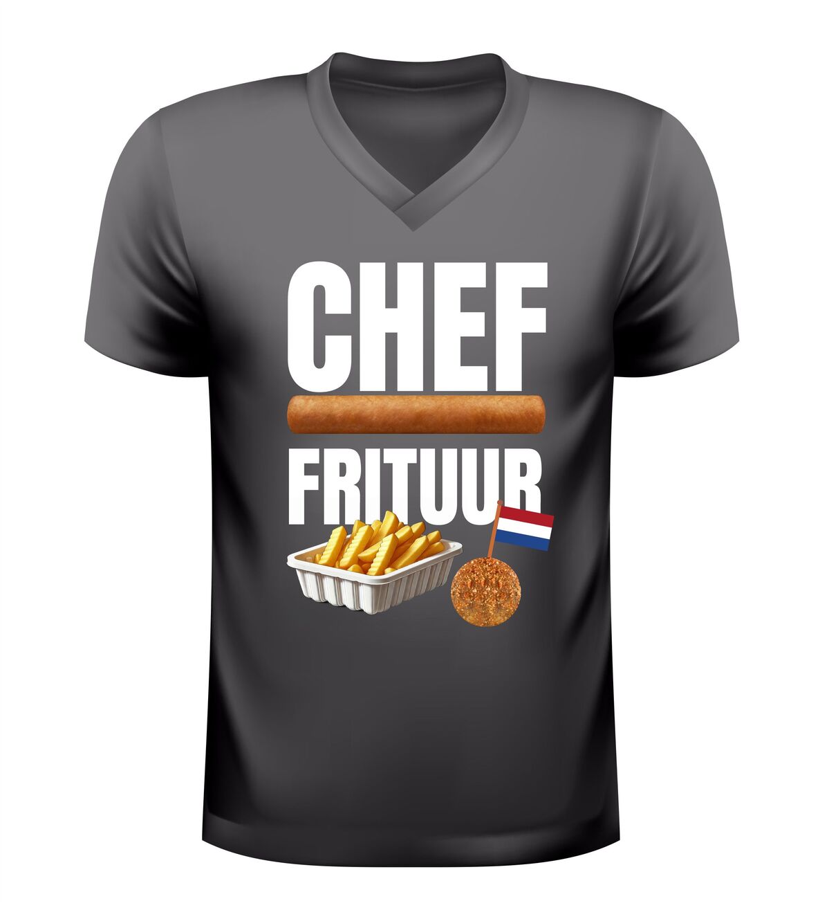 V-hals shirt dames en heren chef frituur grappig t-shirt met patat frikandel en bitterbal