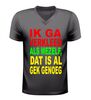 foto 1 V-hals shirt dames en heren ik ga verkleed als mezelf dat is al gek genoeg carnaval shirt rood geel groen bedrukt