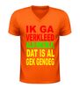 foto 3 V-hals shirt dames en heren ik ga verkleed als mezelf dat is al gek genoeg carnaval shirt rood geel groen bedrukt