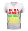 foto 6 V-hals shirt dames en heren ik ga verkleed als mezelf dat is al gek genoeg carnaval shirt rood geel groen bedrukt