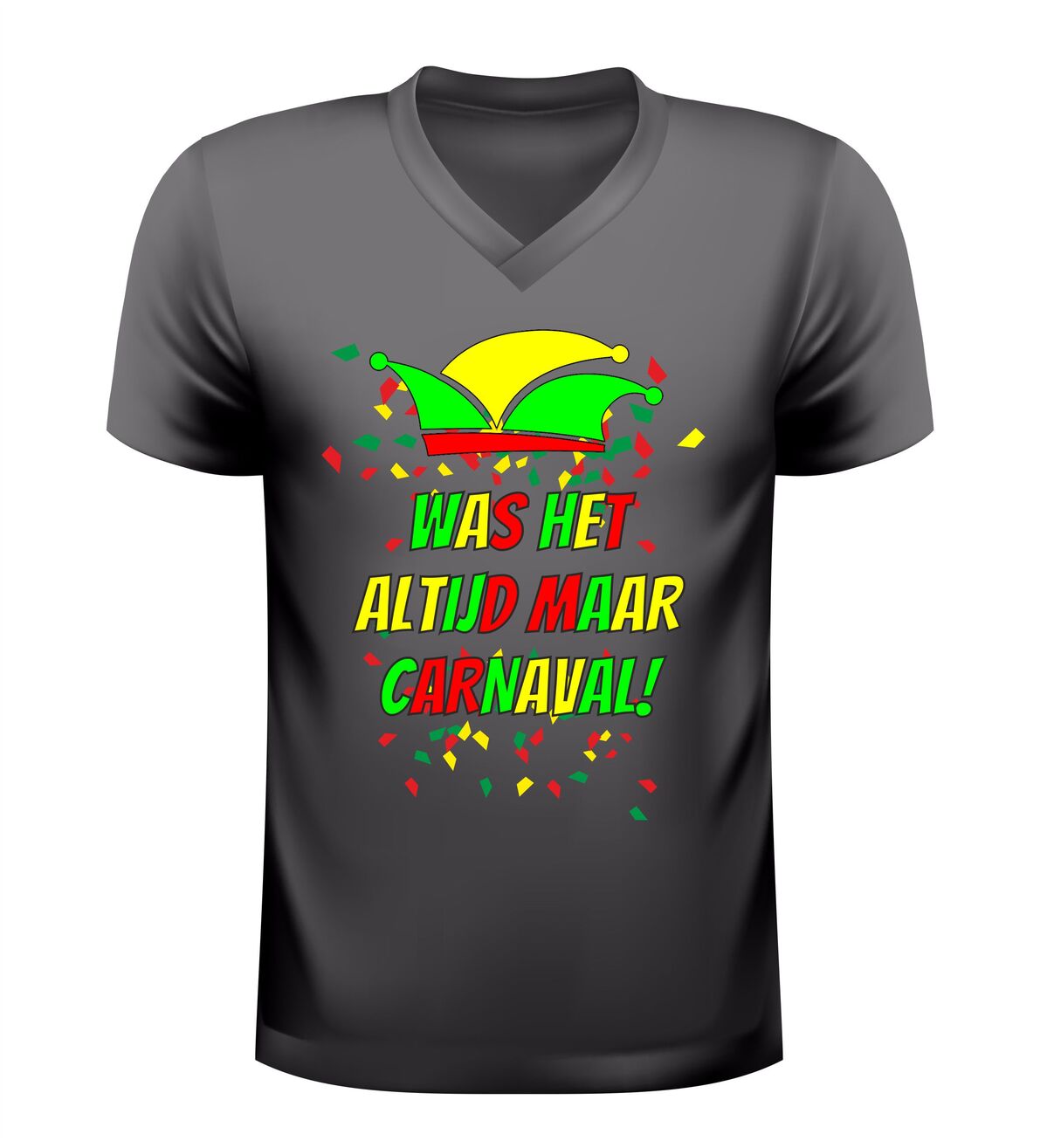 V-Hals shirt dames en heren was het altijd maar carnaval rood geel groen