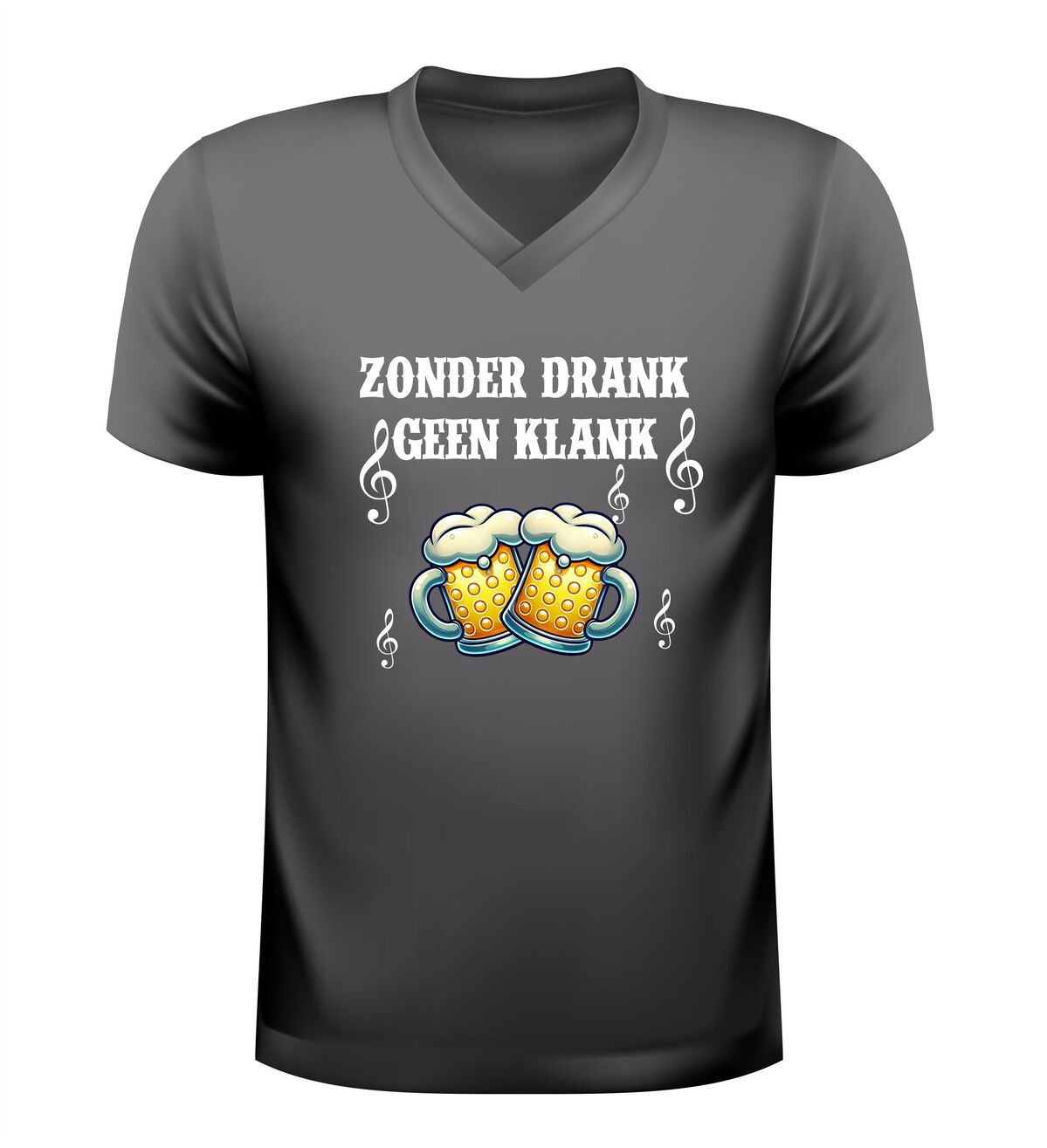 V-hals shirt dames en heren zonder drank geen klank bierpullen en muzieknoten Feestshirt