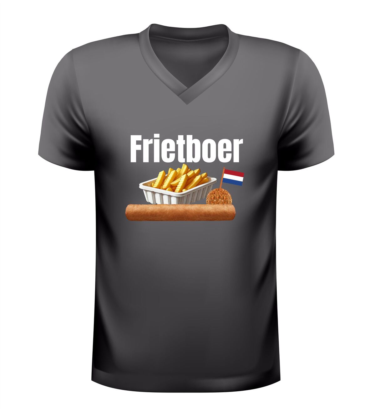 V hals shirt frietboer grappig snack shirt met friet frikandellen en bitterbal