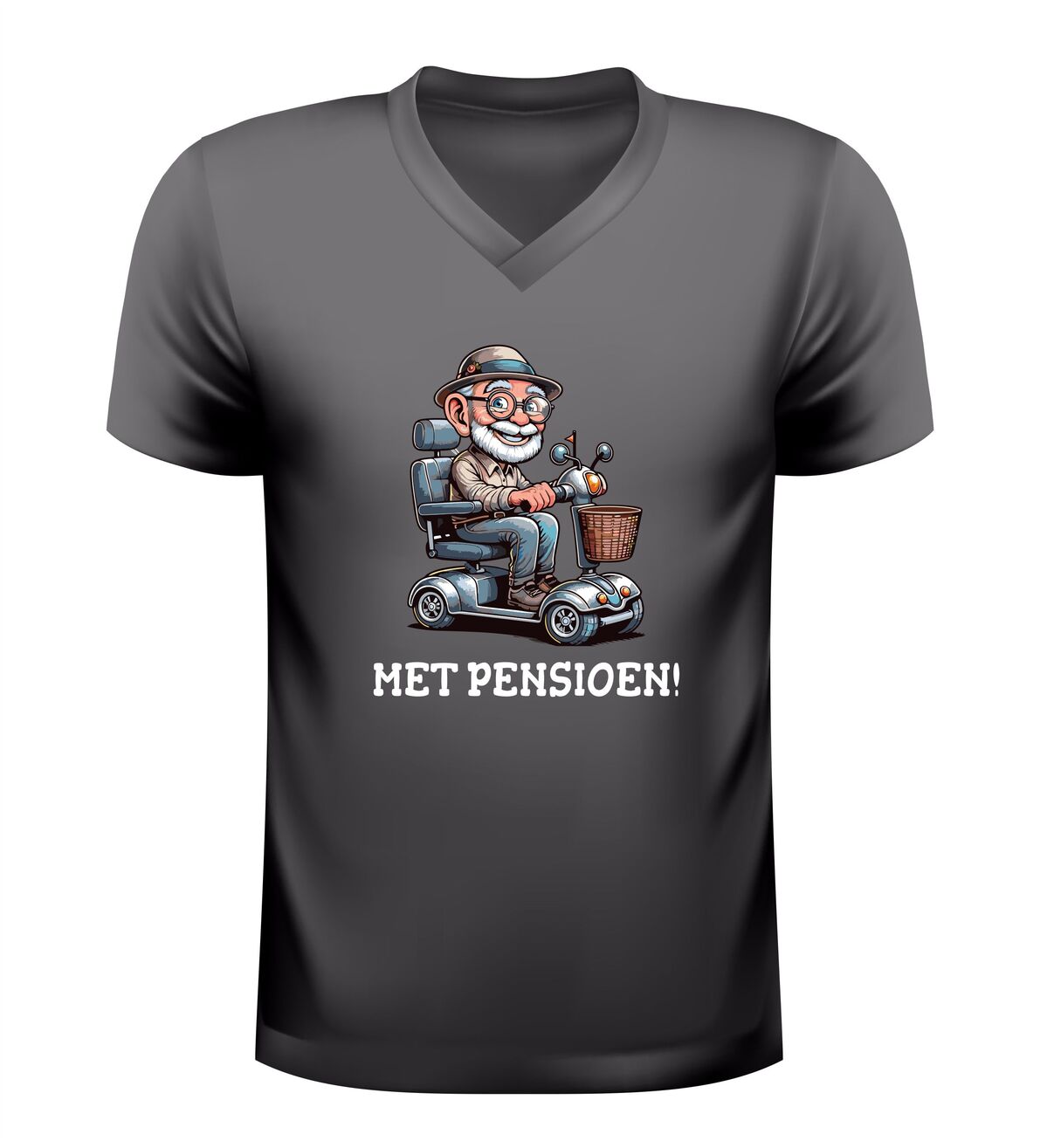 V hals shirt heren pensioen grappig t-shirt met oude man op scootmobiel