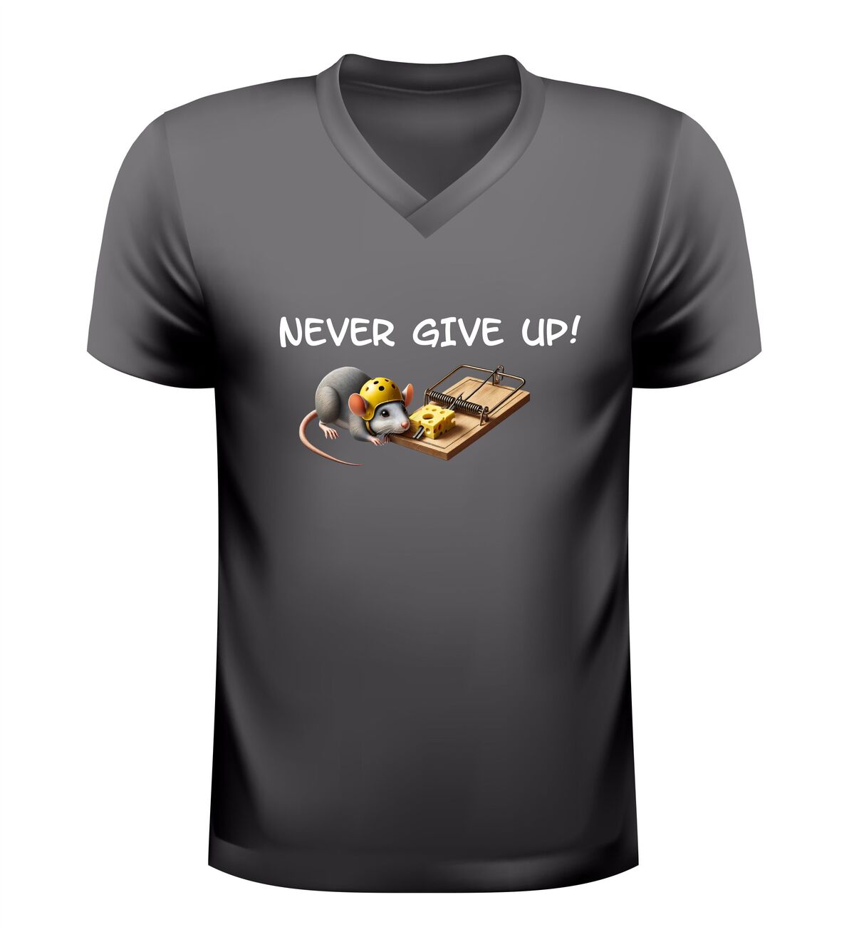 v-hals shirt  never give up inspirerend motivatie t-Shirt met muis met helm en kaas uit muizenval