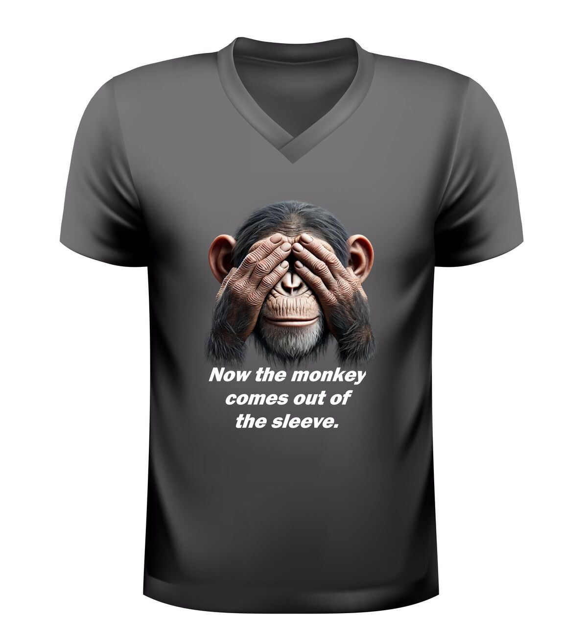 V-Hals shirt now the monkey comes out the sleeve steenkolen Engels humor