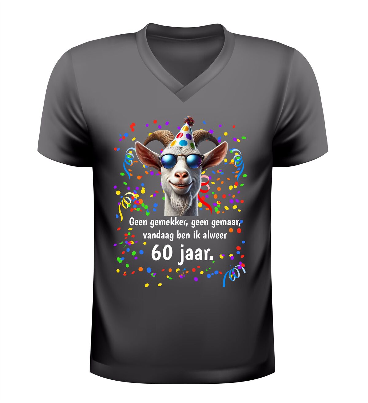 V-hals t-shirt 60 jaar geen gemekker geen gemaar geit met zonnebril