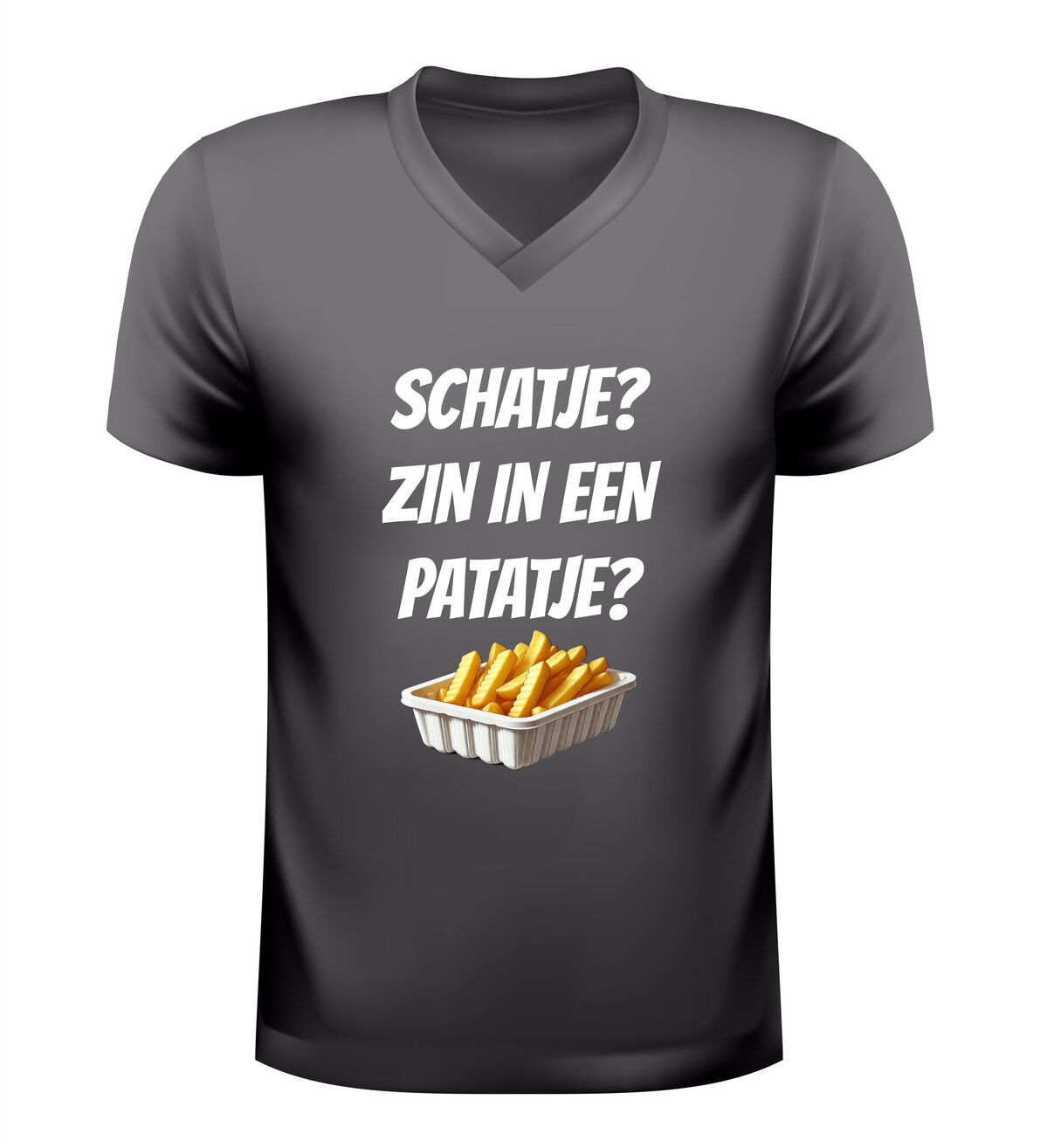 V-hals t-shirt dames en heren met tekst: schatje zin in een patatje