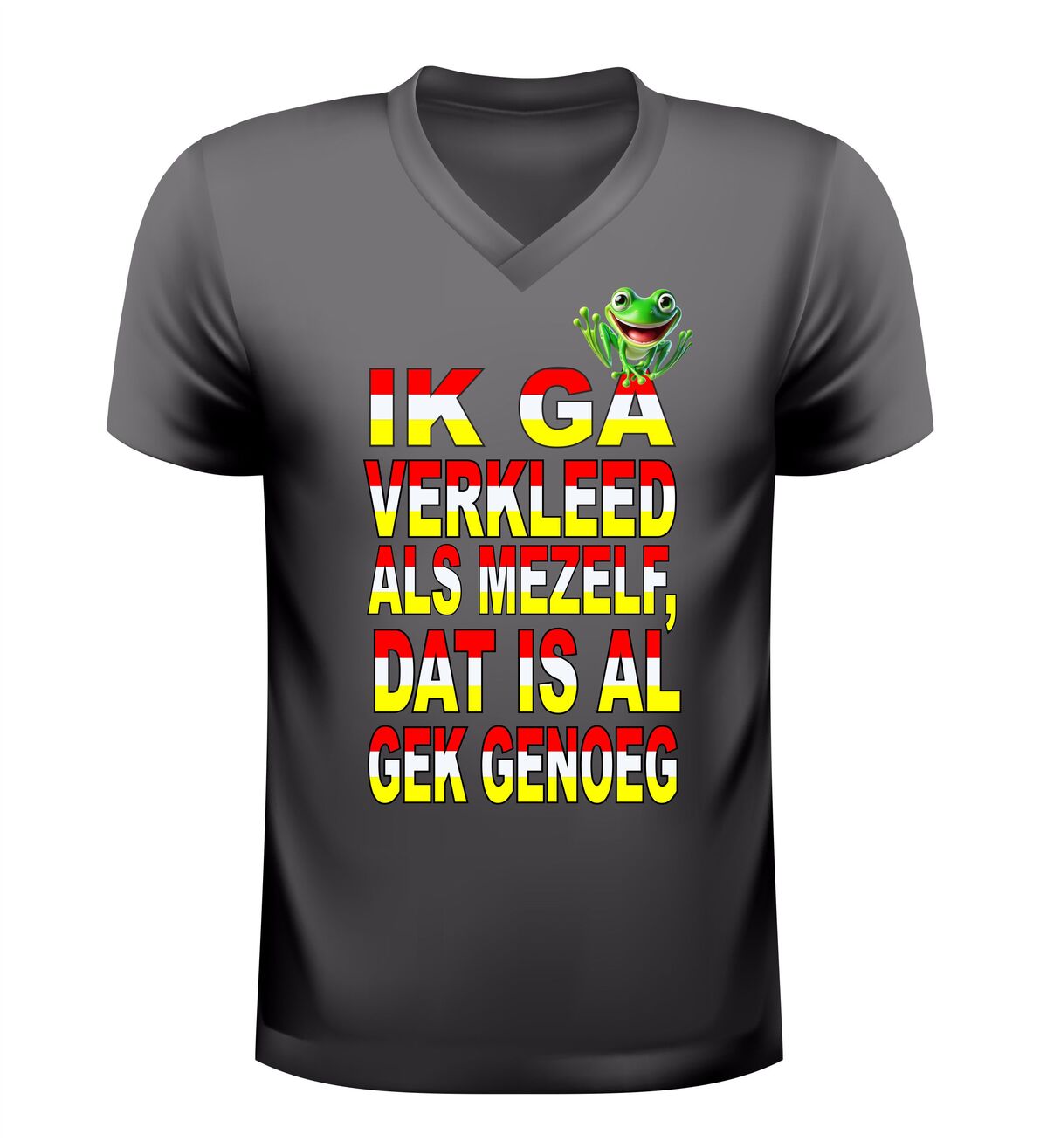 V-hals t-shirt oeteldonk ik ga verkleed als mijzelf en dat is al gek genoeg kikker rood wit geel