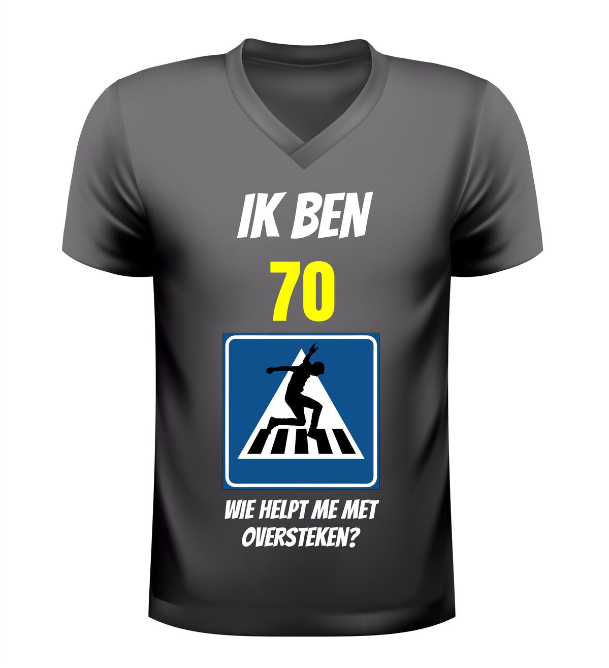 Grappig v-hals t-shirt 70 jaar ik ben 70 wie helpt me oversteken man op zebrapad