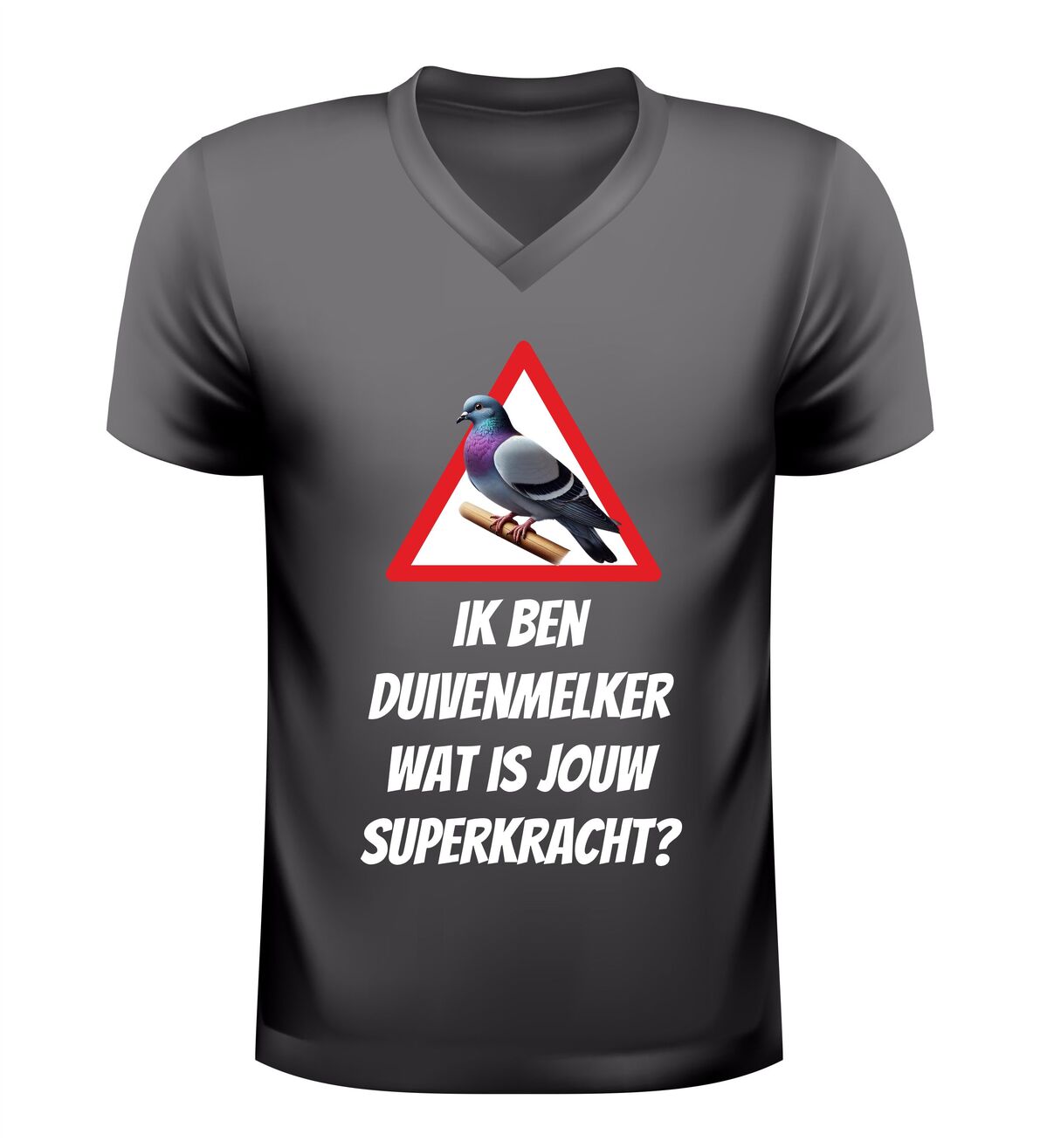 Ik ben duivenmelker wat is jouw superkracht? v-hals t-shirt met duif grappig duivensport shirt