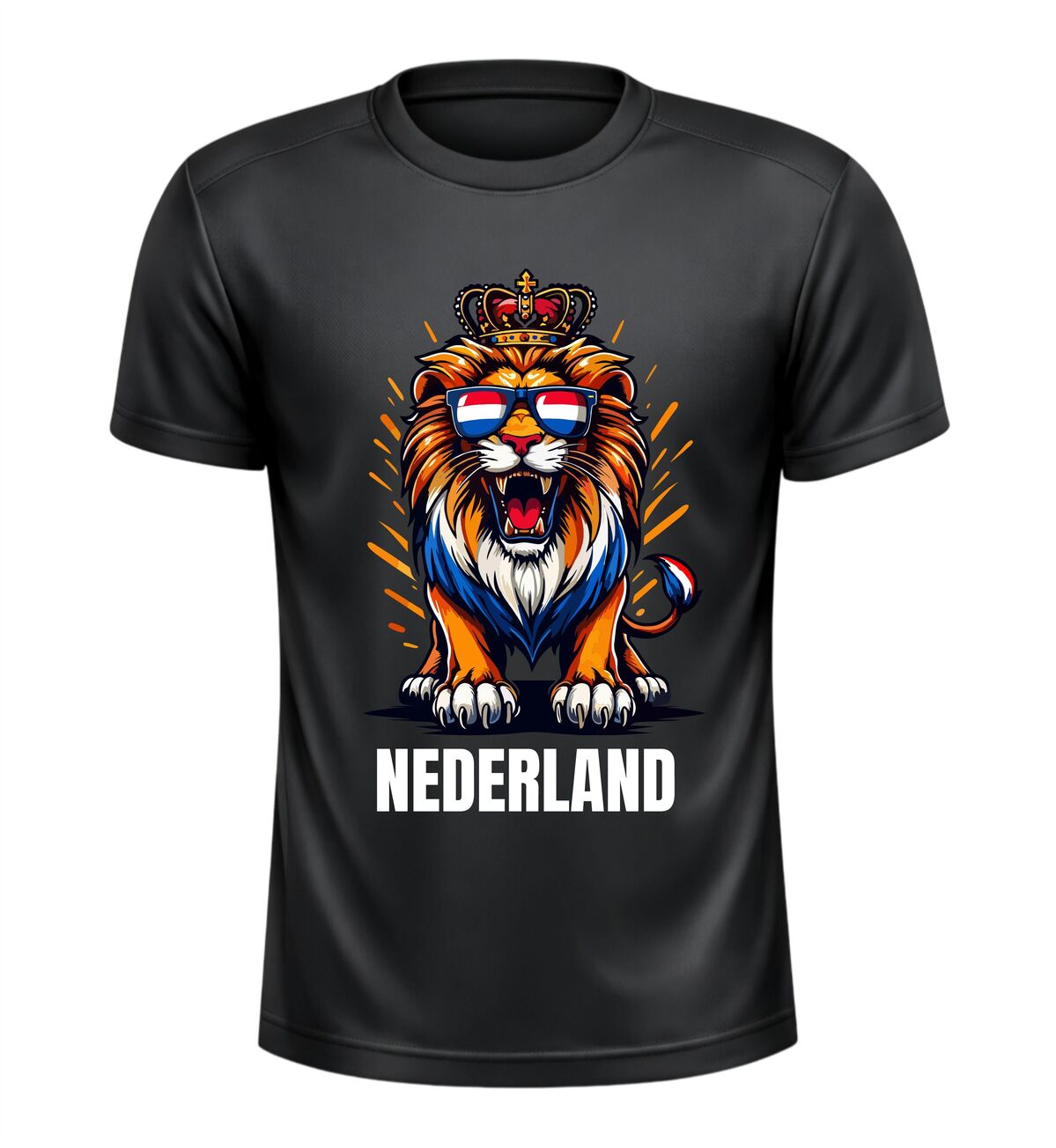 Oranje sportshirt met leeuw en tekst Nederland rood wit blauw design voor ek wk koningsdag