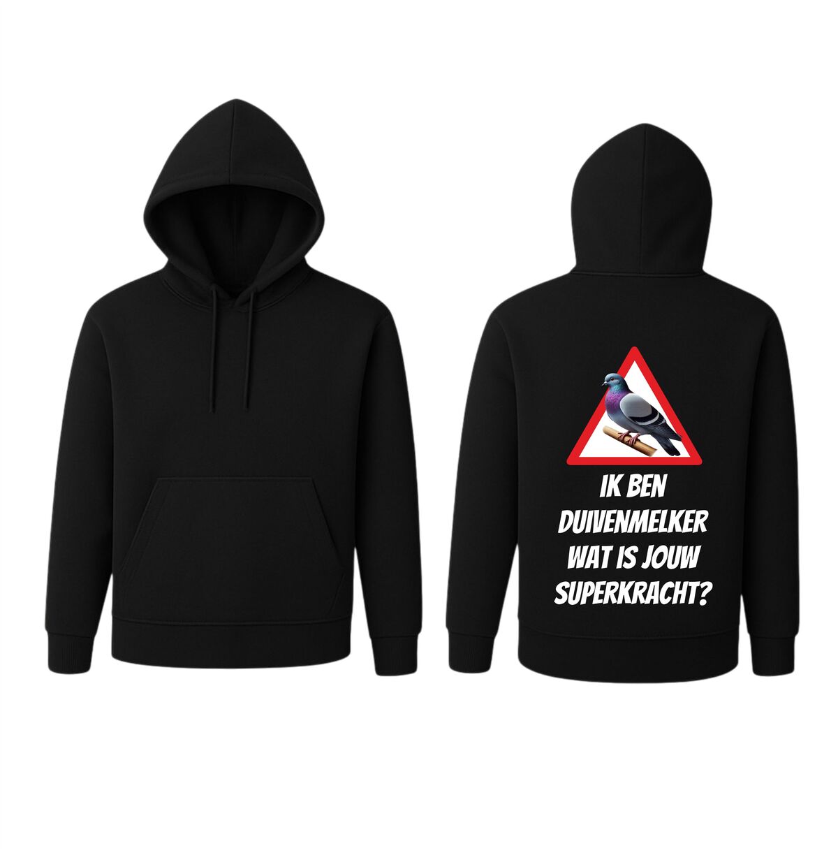 Stoere duivenmelker hoodie met duif afbeelding wat is jouw superkracht?