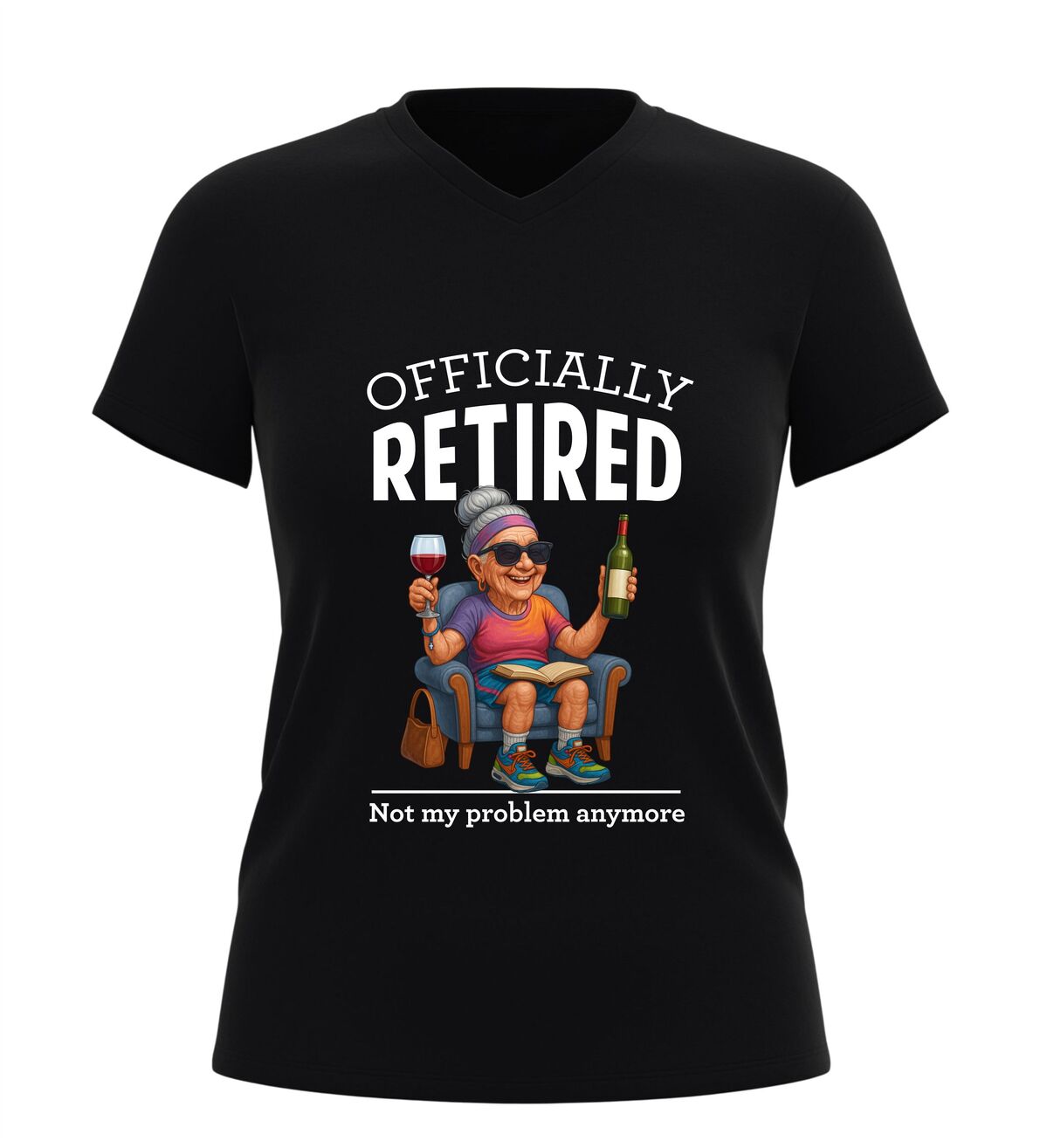 V-hals dames shirt  officially retired not my problem anymore grappig pensioen t-Shirt met dame en wijn
