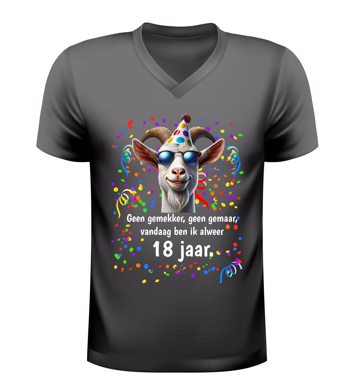 V-Hals shirt 18 Jaar geen gemekker geen gemaar origineel verjaardagsshirt
