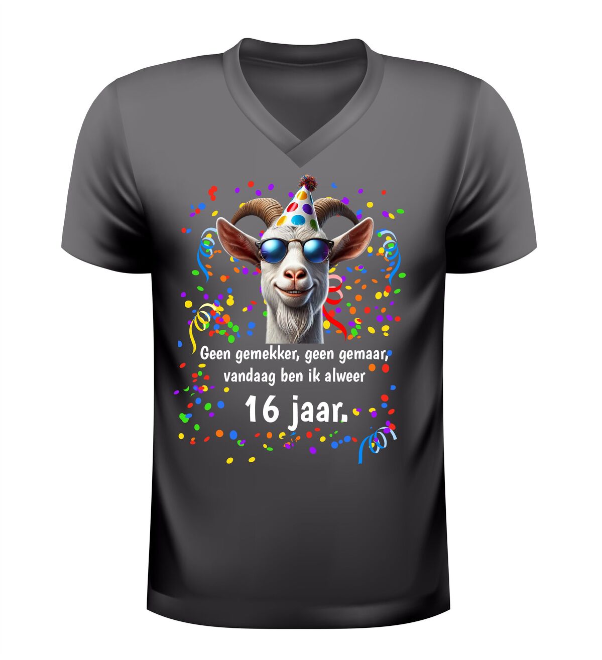 V hals verjaardag shirt 16 jaar geen gemekker geen gemaar met grappige geit print