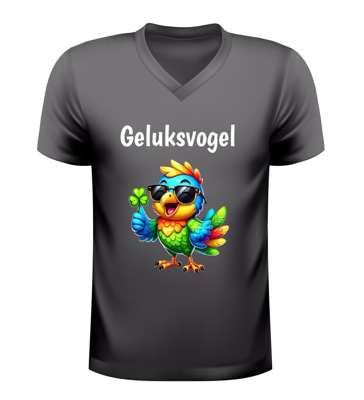 Geluksvogel v hals shirt met kleurrijke vogel en klavertje vier