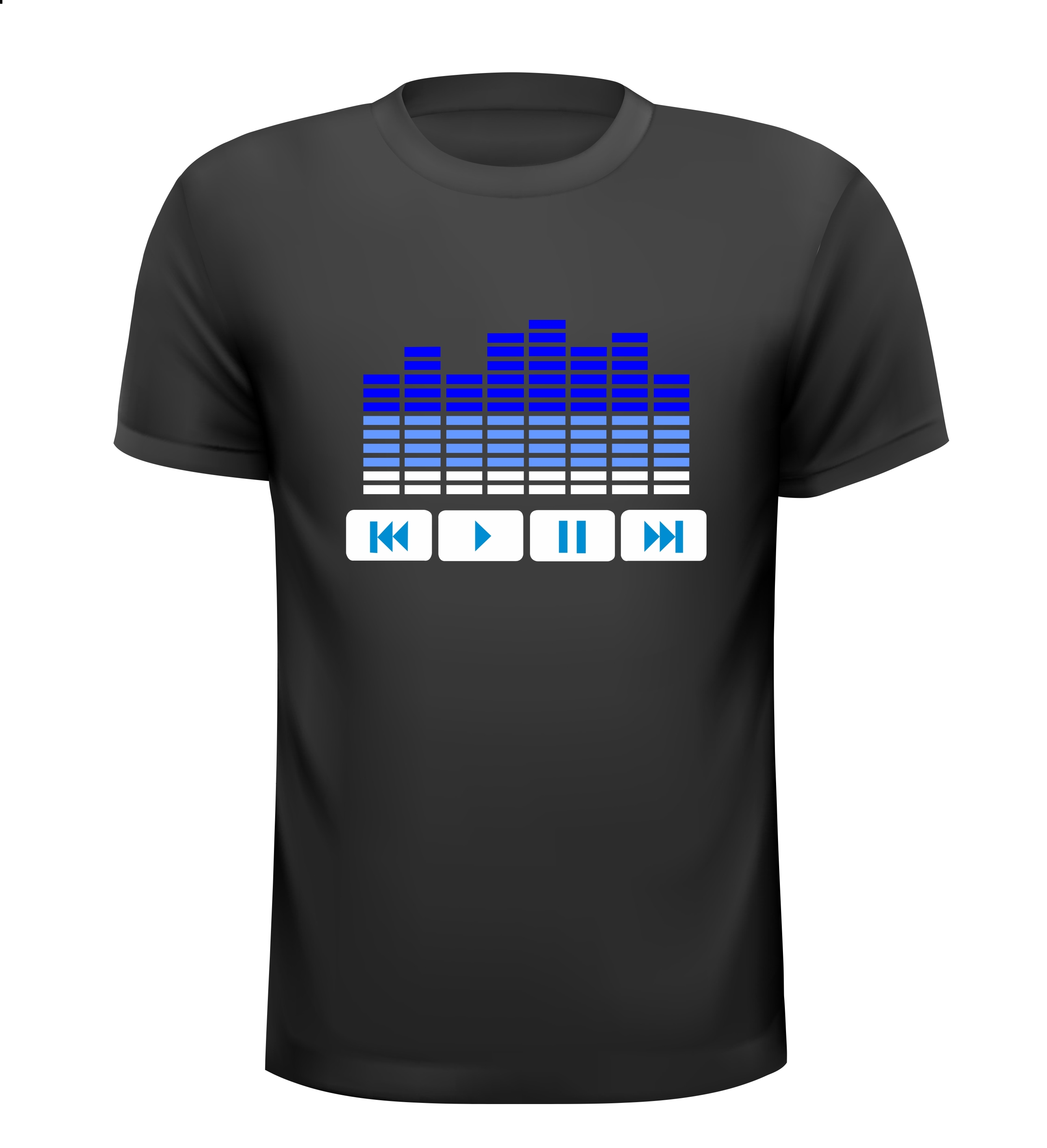 dj t-shirt equalizer en play en stop pauze button in twee kleuren blauw