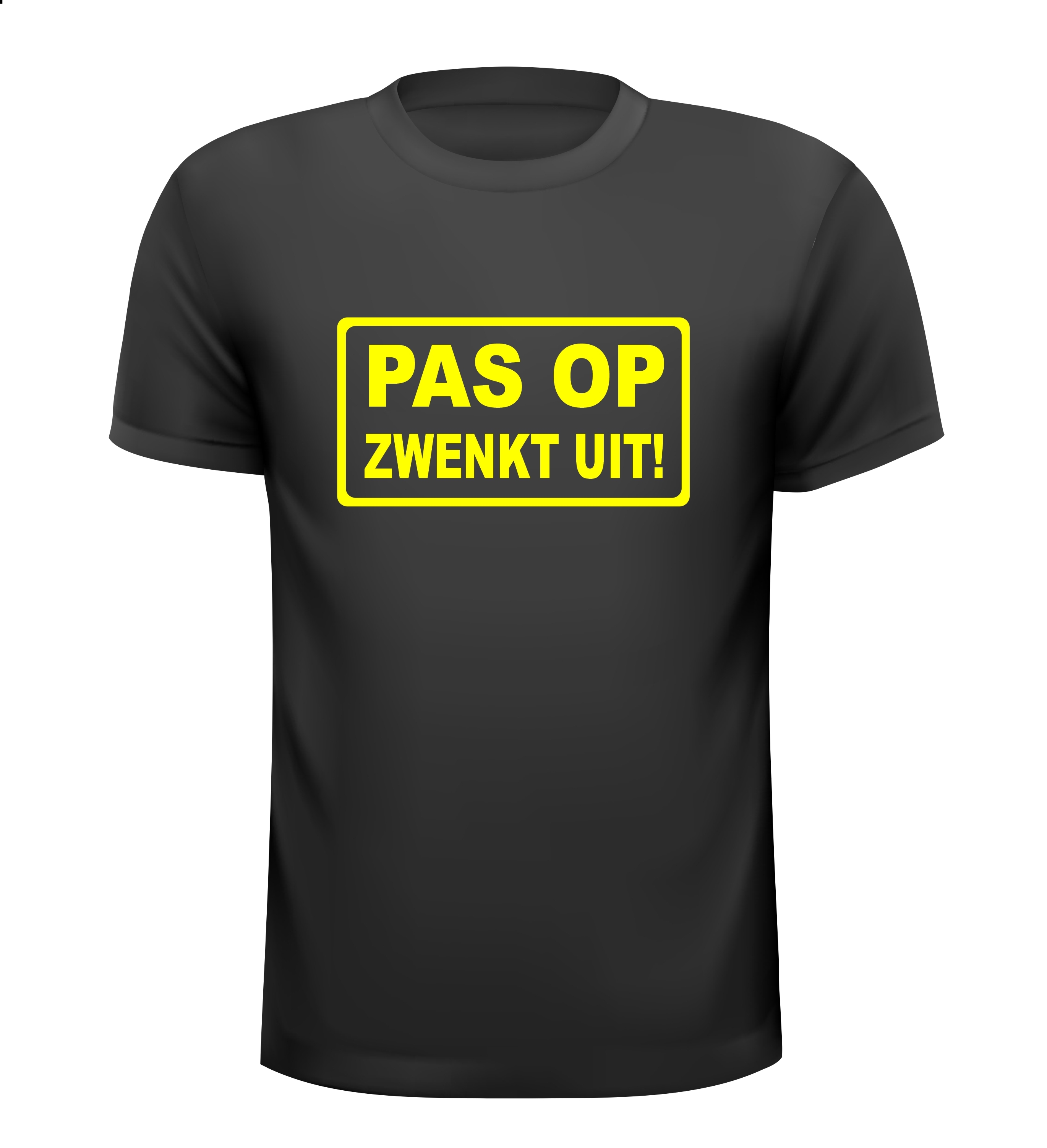 pas op zwenkt uit T-shirt